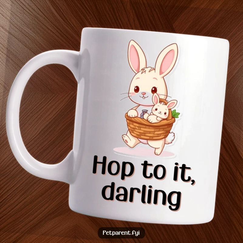 Funny mug showing a caring rabbit character gently carrying a tiny baby bunny in a basket, radiating tenderness and protection.