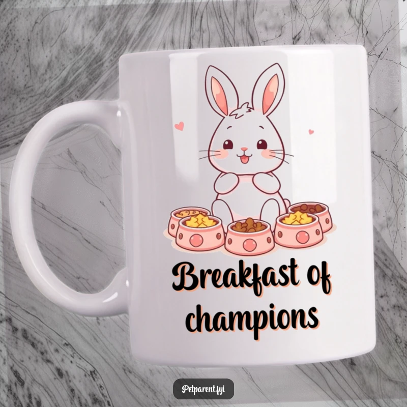Funny rabbit mug with a content character surrounded by small pet bowls, depicting a humorous love for pets. A perfect funny gift.