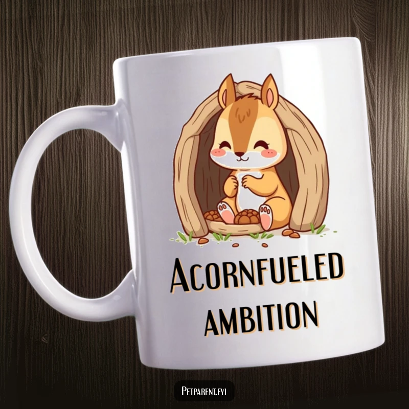 Funny cartoon squirrel character diligently building a small, intricate den, showcasing focus and hard work on a ceramic mug.