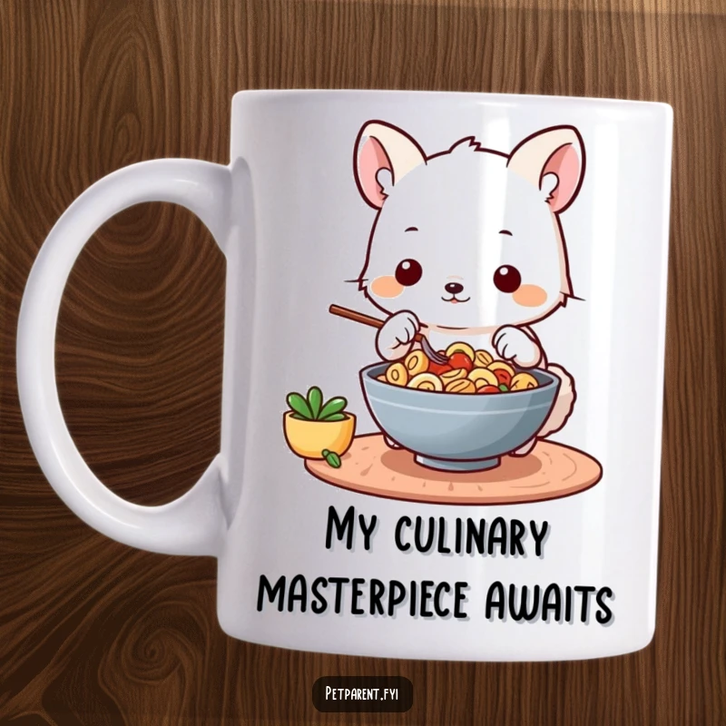 Funny mug featuring a cute squirrel chef meticulously preparing a delicious bowl of food with intense focus and a tiny chef hat.