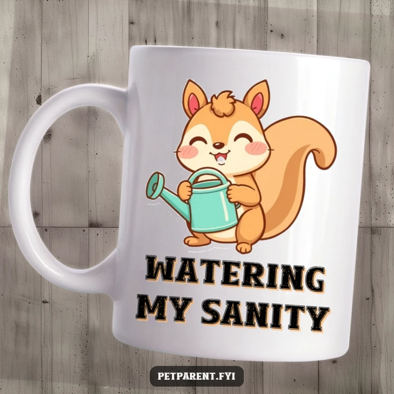 Funny mug showing a cheerful squirrel holding a watering can, ready to tend to plants with a smile.
