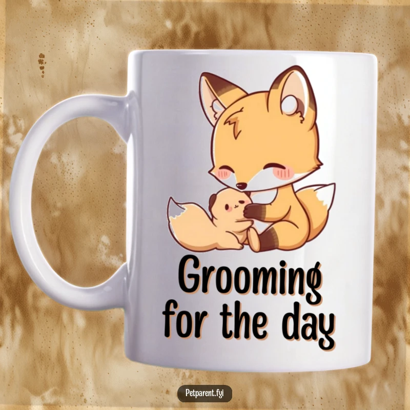 Funny Nurturing Fox Mug: A nurturing fox gently grooms a small creature, a funny gift for caring individuals.