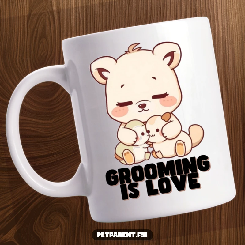 Funny nurturing animal character gently grooming a smaller animal, on a ceramic mug.