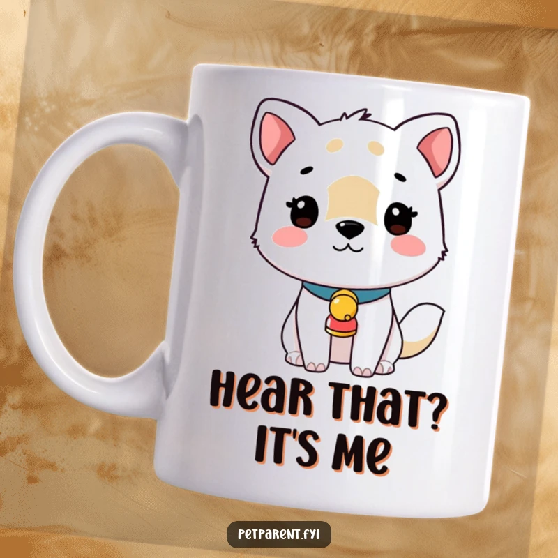 Funny mug featuring a cute animal, likely a cat, wearing a small collar with a tiny bell that jingles adorably.