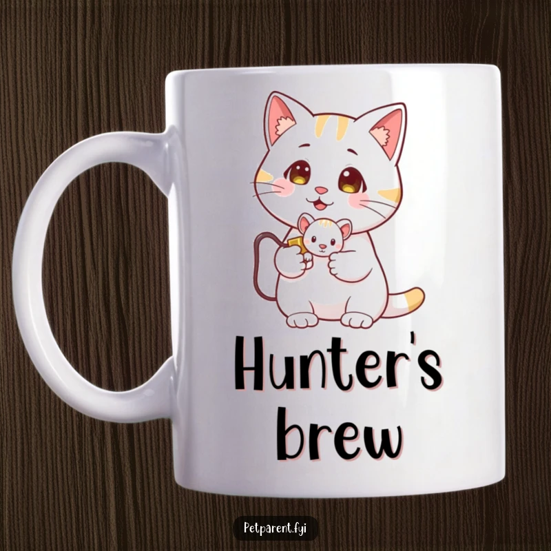 Funny Cat Mug: A proud cat holds a tiny toy mouse victoriously. Humorous gift for cat lovers.