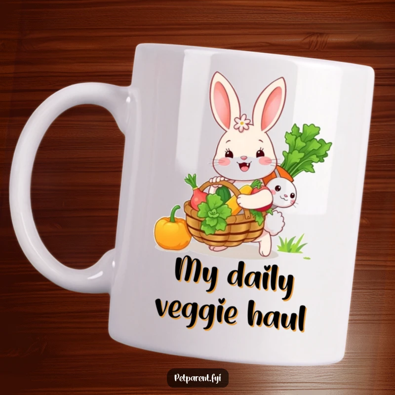 Funny bunny carrying a huge basket overflowing with fresh veggies for its happy family, evoking warmth and humor.