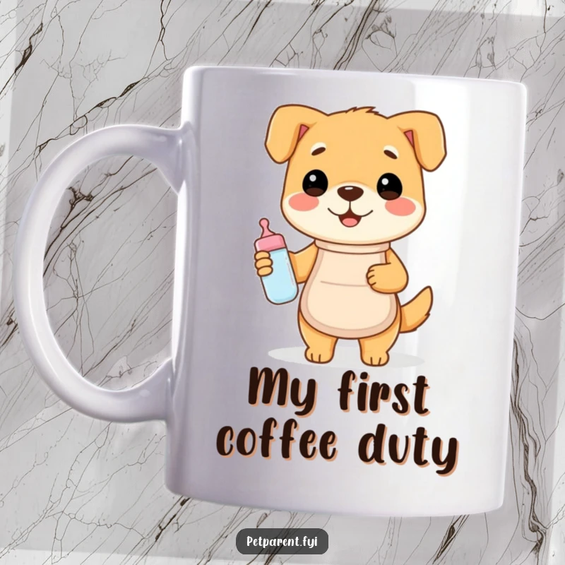Funny mug with a happy dog wearing an apron and holding a baby bottle, symbolizing nurturing and humorous care.