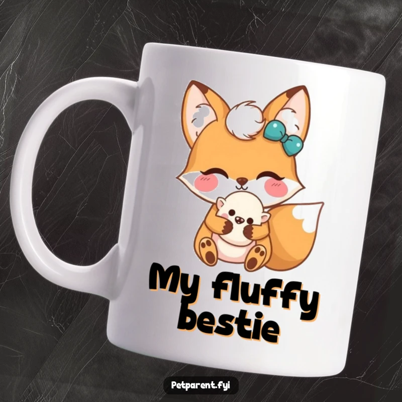 Funny Kawaii Fox Mug: A cute fox happily hugging a soft, fluffy toy, radiating warmth and joy, perfect for gifting.