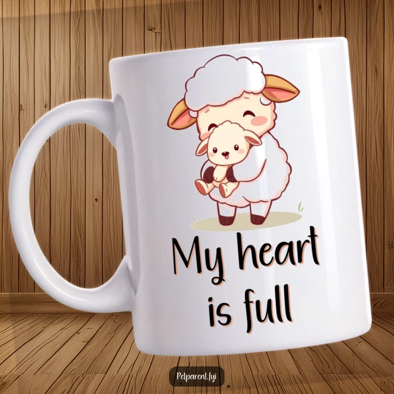 Funny sheep character lovingly carrying a small, adorable puppy in its arms, radiating warmth and affection on a ceramic mug.