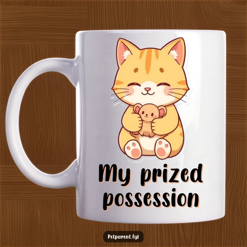 Funny Proud Cat Mug: A proud cat character lovingly cradles a small toy mouse, a funny gift for hunters.