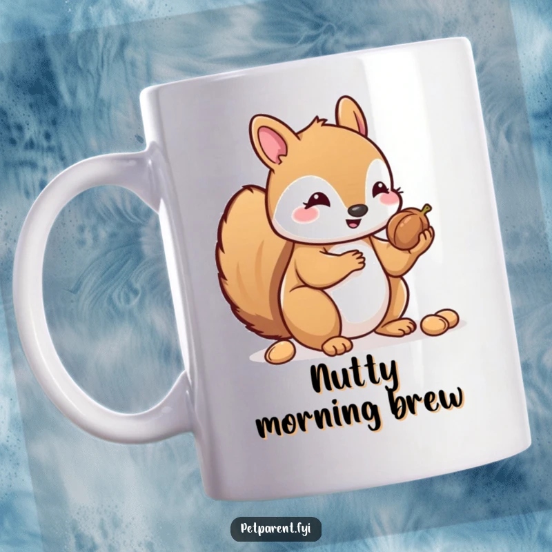 Funny Kawaii Squirrel Mug: A cute squirrel character carefully sharing its stored nuts with others, showing kindness.