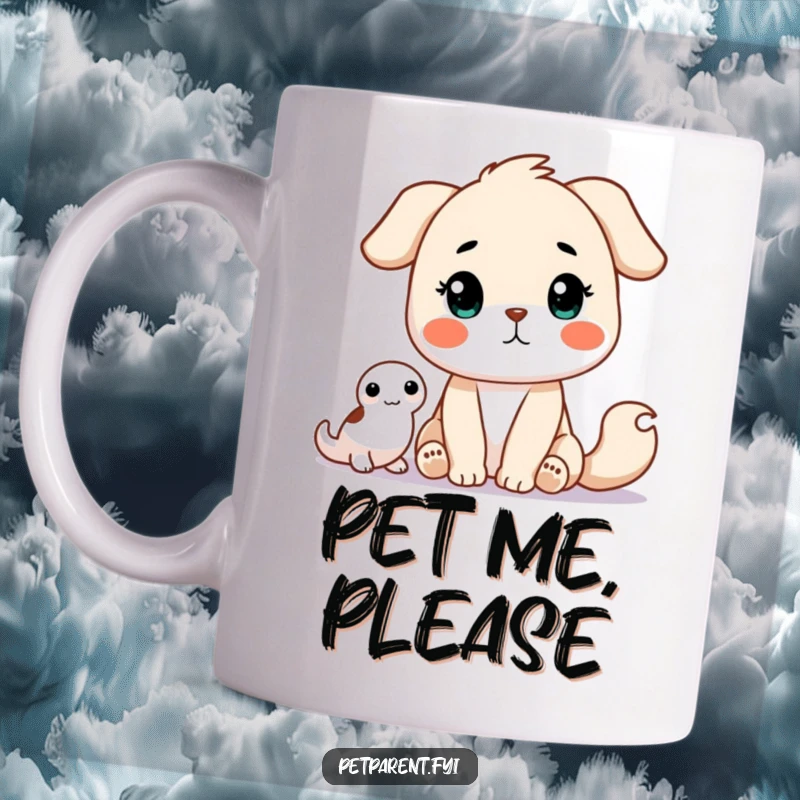 Funny Mug featuring a patient animal character eagerly waiting for a pet, showcasing hopeful eyes. Ideal funny gift for pet owners.