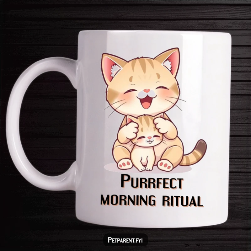 Funny cat mug showing a mother cat joyfully grooming her very small kitten, highlighting tender feline care and affection.