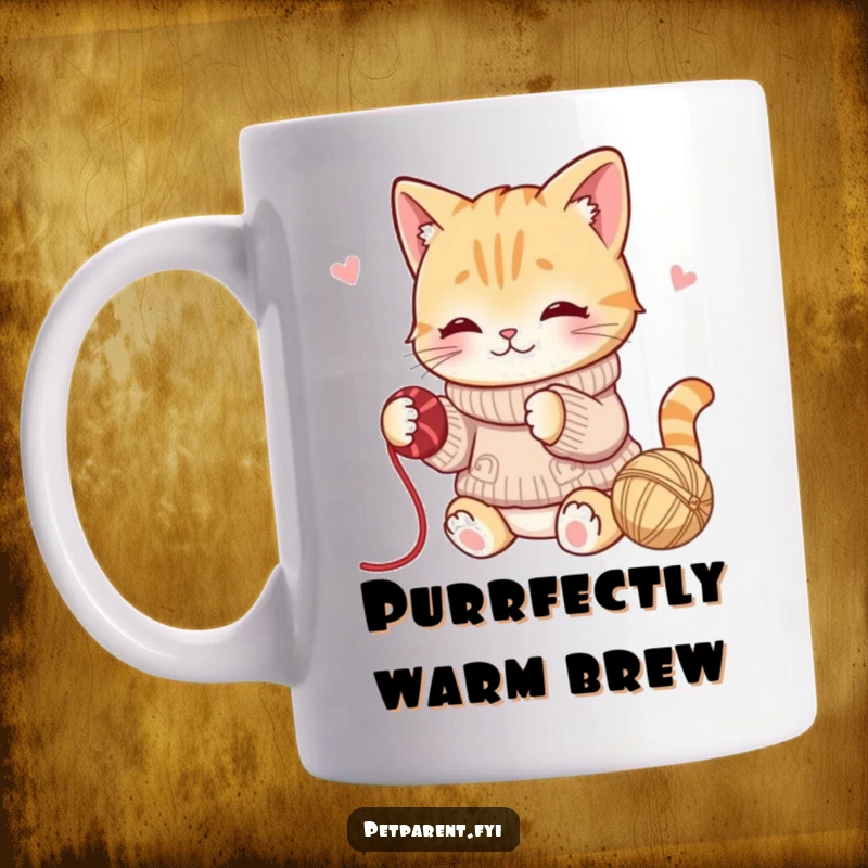Funny mug featuring a cat character playfully batting a ball of yarn while wearing a cozy sweater.