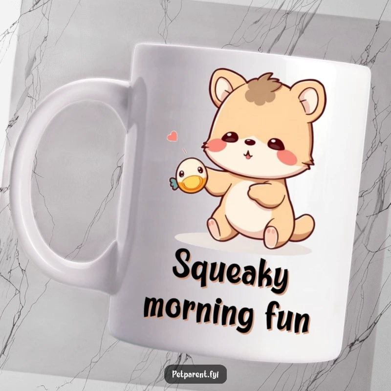 Funny playful animal mug with a cute character tossing a tiny squeaky toy. Humorous gift for playtime lovers.