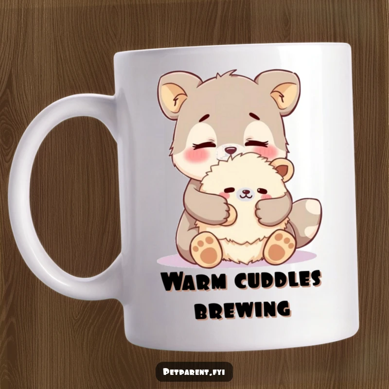 Funny affectionate animal mug with a character cuddling a fluffy stuffed animal with love. Humorous gift for cuddlers.