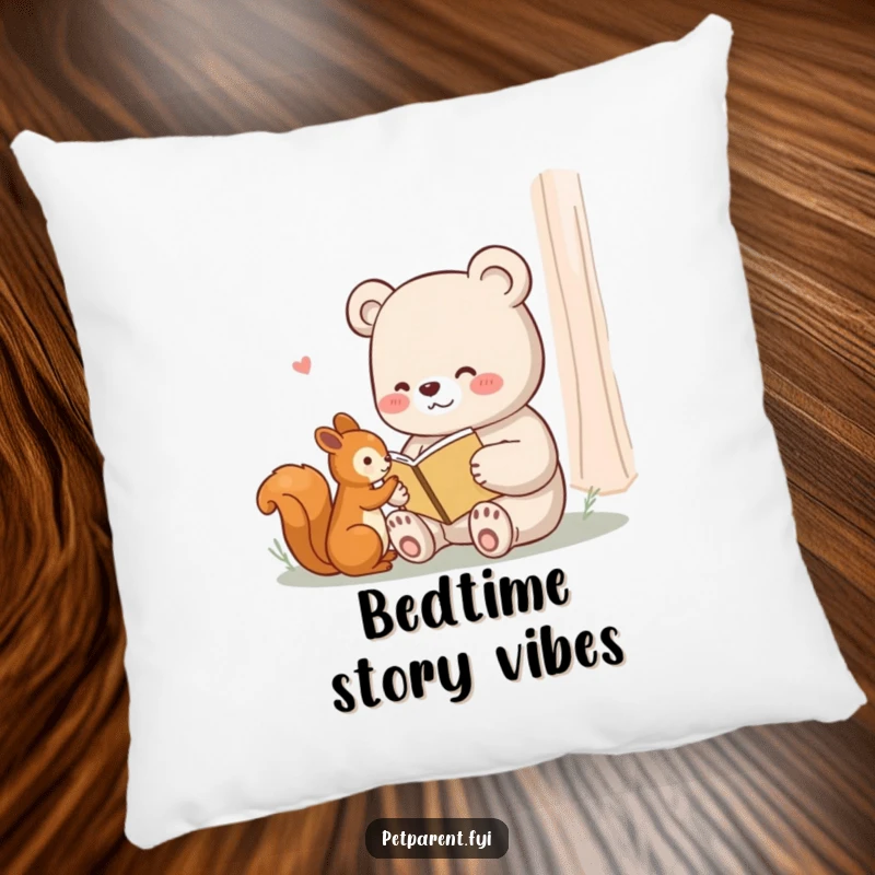Funny pillow with a charming illustration of a content bear reading a tiny book to a squirrel, perfect for comfort.