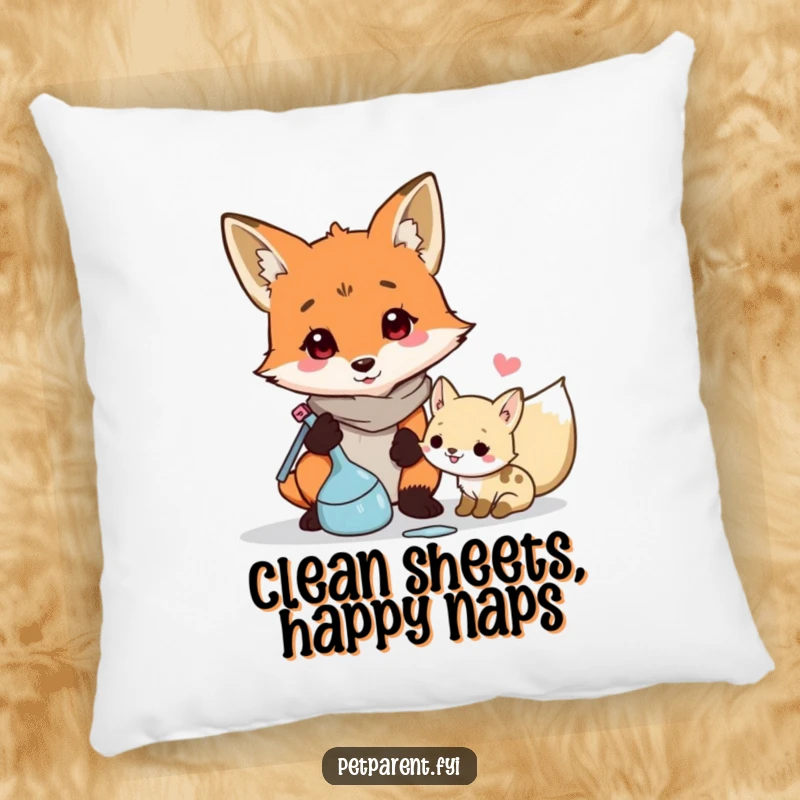 Cozy and funny accent pillow featuring a responsible fox character cleaning up messes, perfect for comfortable, tidy spaces.