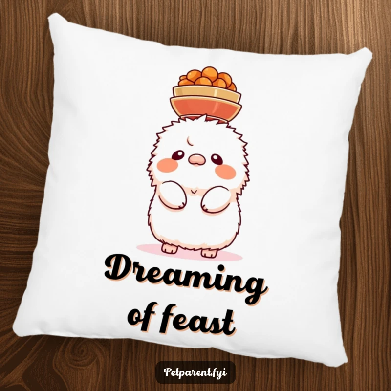 Funny pillow featuring a fluffy creature precariously balancing food bowls on its head, conveying comic instability.