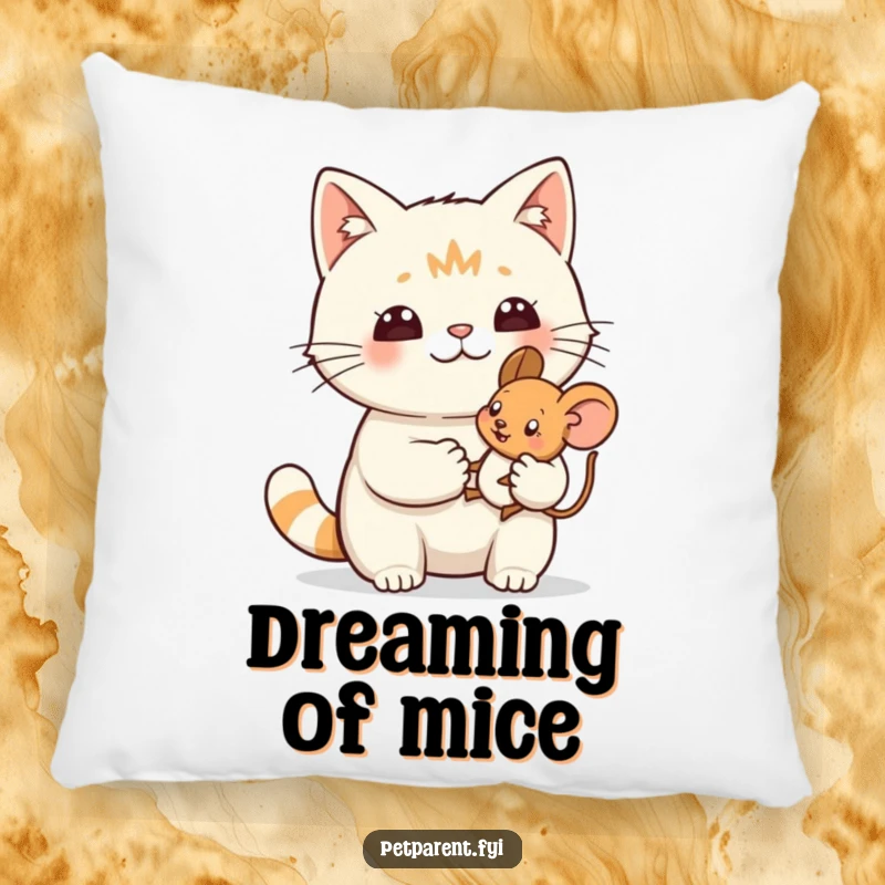 Funny pillow with a proud cat character and a tiny toy mouse, offering comfort and humorous feline pride.