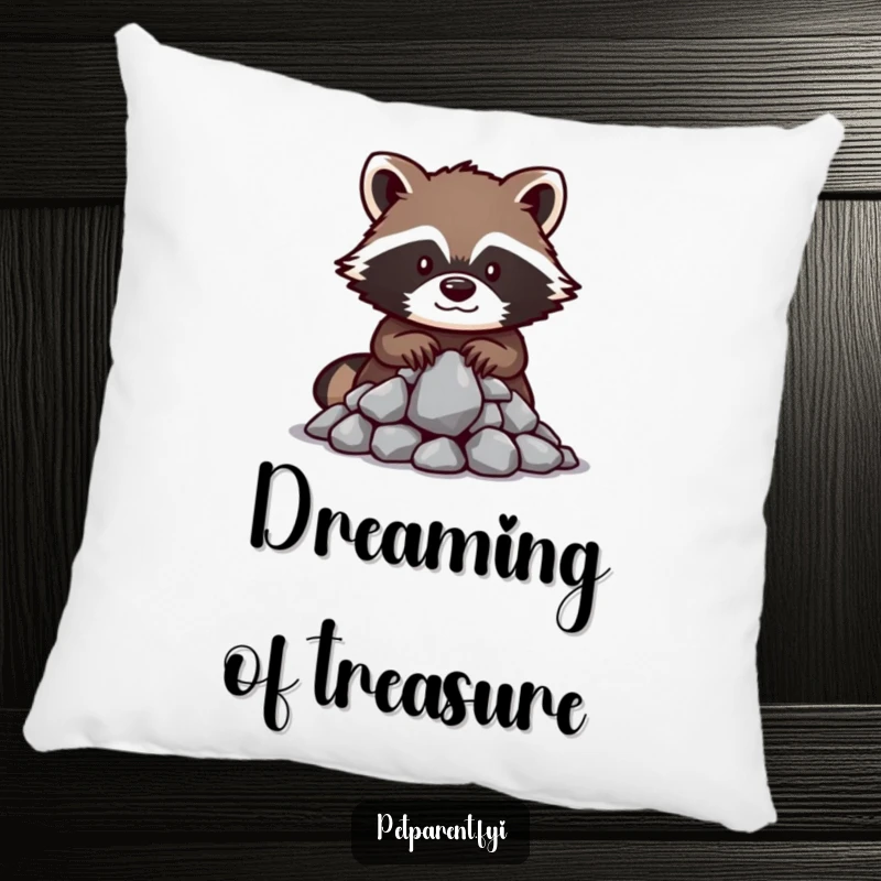 Funny raccoon pillow with a protective raccoon character guarding a pile of shiny rocks, offering comfort and a touch of whimsical humor.