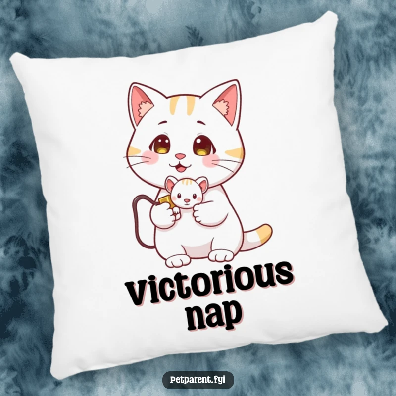 Funny Cat Pillow: A proud cat rests with a tiny toy mouse, a humorous and comforting decorative item.