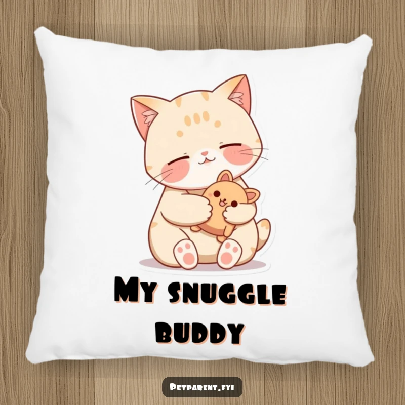 Funny Cat Pillow featuring a contented cat purring while holding a stuffed toy, adding cute and humorous comfort to any room.