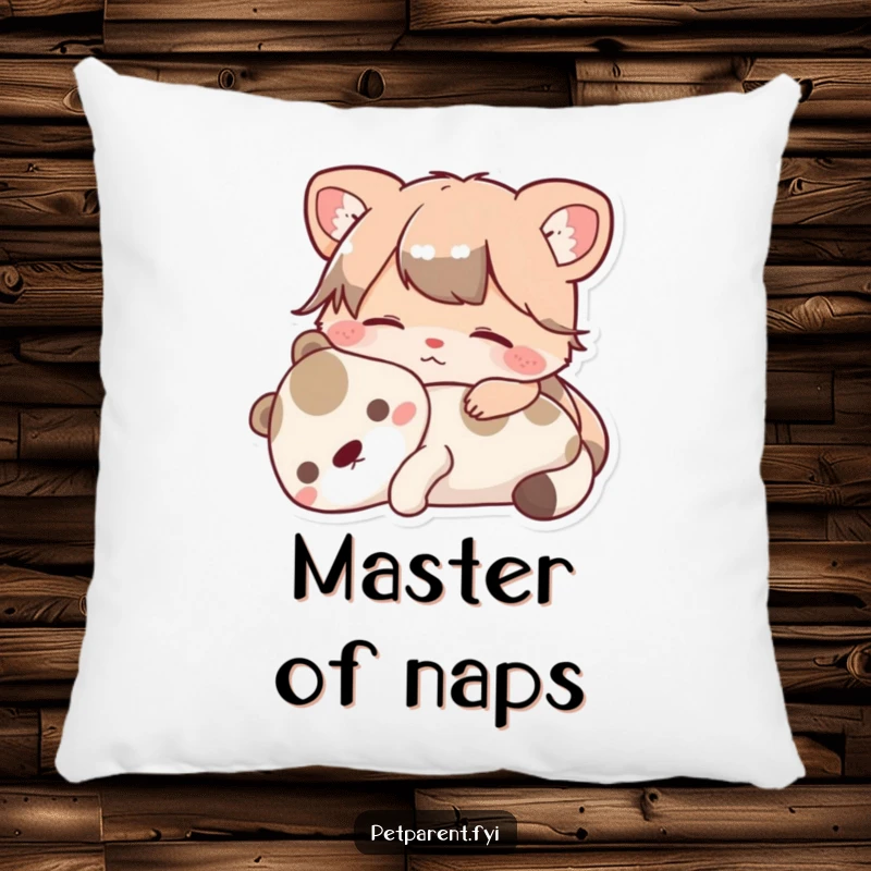 Funny Pillow with a contented animal character resting peacefully with a pet. A cozy and funny gift for pet lovers to enhance their relaxation.