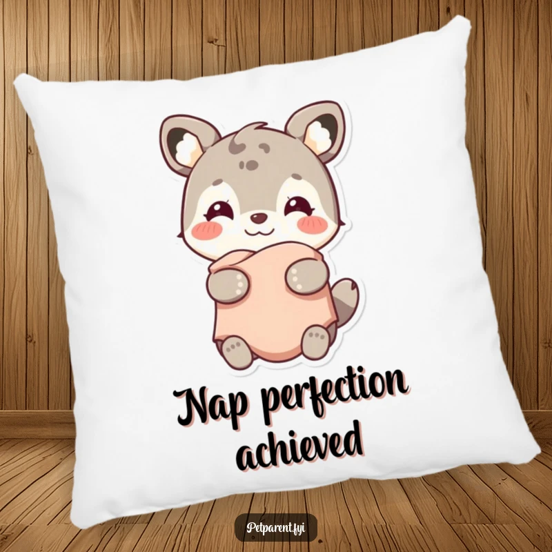 Funny pillow featuring a smiling animal character holding a small, warm blanket, offering humorous comfort and pure happiness.