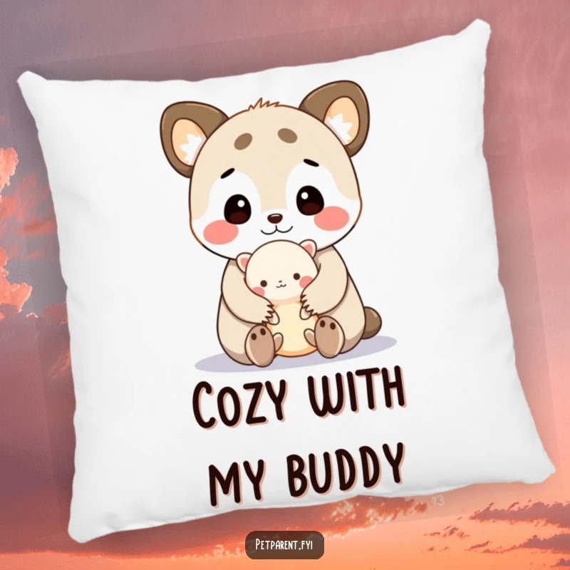 Funny pillow featuring a cute animal character cuddling a tiny creature, offering humorous comfort and a relatable sense of warmth.