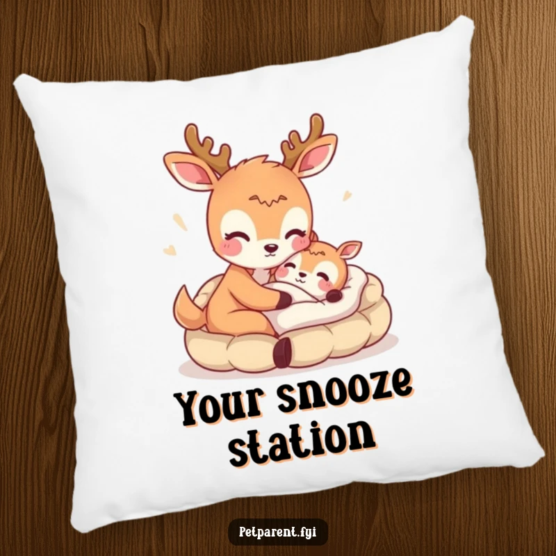Funny pillow with a deer offering a bed, a soft and humorous decorative item for sofas and beds.