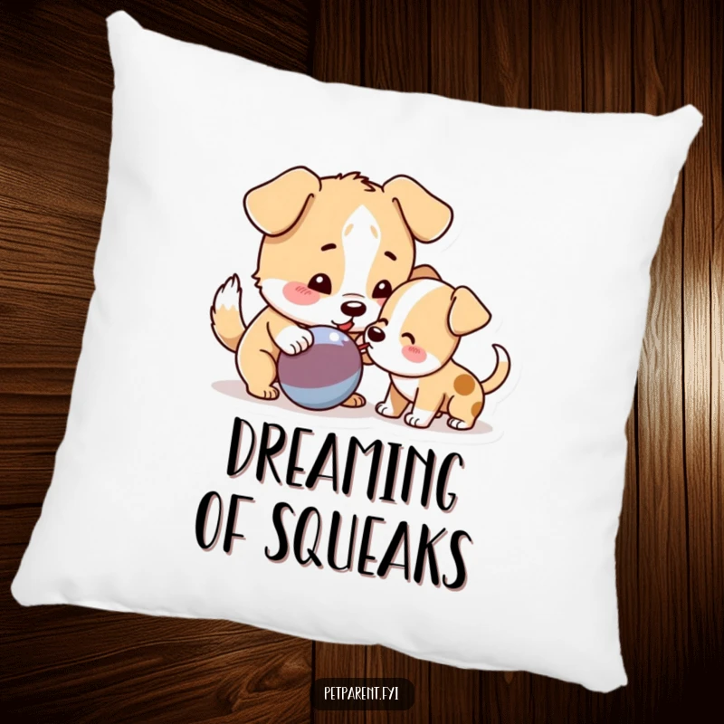 Funny Dog Pillow featuring a playful dog sharing a squeaky toy with a puppy, adding cute and humorous comfort to any room.