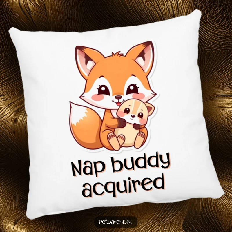 Funny pillow with a charming illustration of a gentle fox holding a small, endearing puppy, perfect for comfort.
