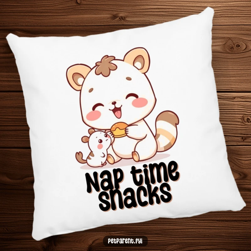 Funny happy animal character offering food to a small friend, depicted on a soft, decorative pillow.