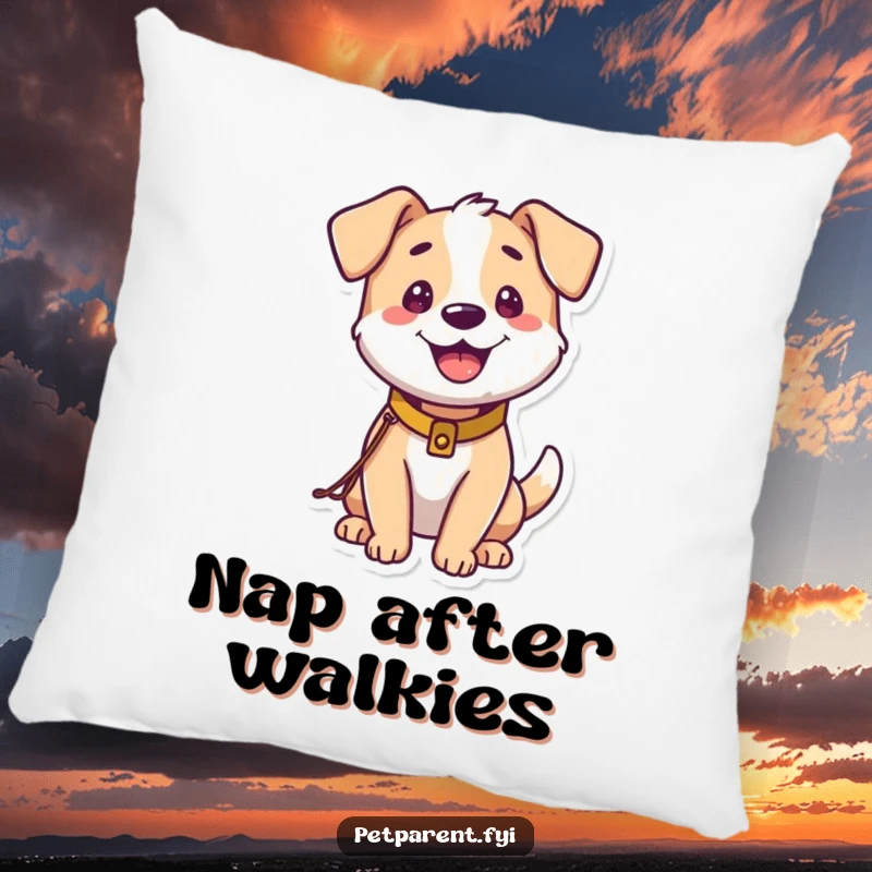 Funny Dog Pillow: A happy dog with a tiny leash and collar is ready for a walk. A humorous and comforting item.