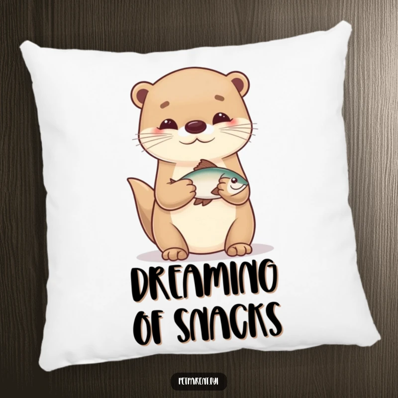 Cozy and funny accent pillow featuring a caring otter character holding a tiny fish, perfect for comfortable spaces.