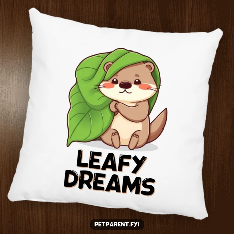 Funny decorative pillow featuring a whimsical otter snuggled under a large leaf blanket, perfect for adding soft humor and natural charm to any room.