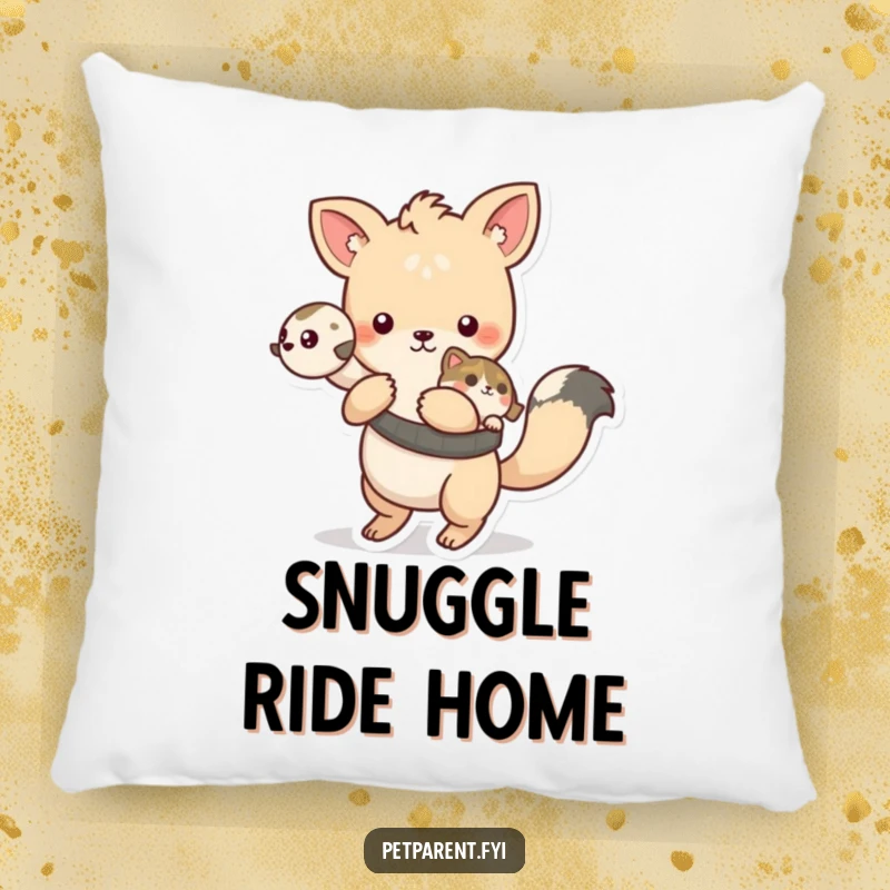 Funny playful animal character carrying a pet on its back, depicted on a soft, decorative pillow.