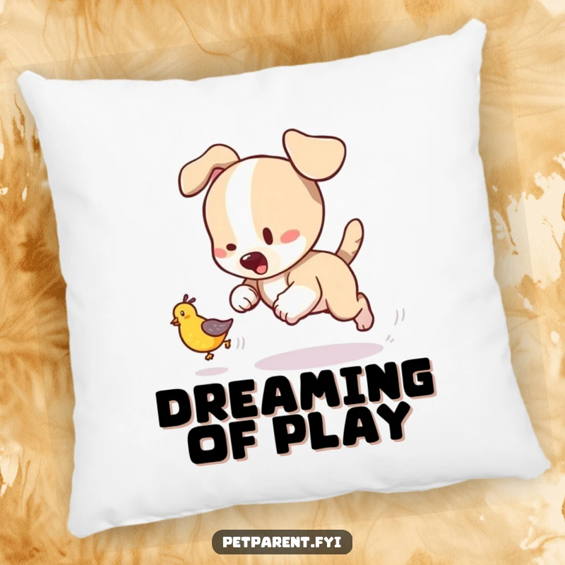 Funny plush pillow with a playful puppy character chasing a tumbling baby bird, providing comfort and humorous joy.