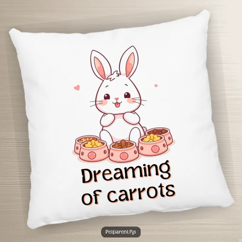 Funny rabbit pillow with a content character and tiny pet bowls, offering soft comfort and pet-centric humor. A fantastic funny gift.