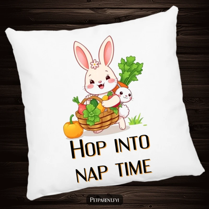 Funny bunny character with a heaping basket of vegetables, designed for comfort on a soft, decorative pillow.