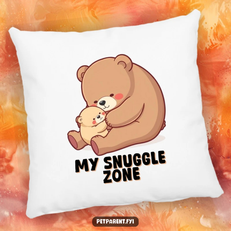 Funny bear hug pillow, nurturing bear character rocking a small cub, soft and humorous decor for ultimate comfort.