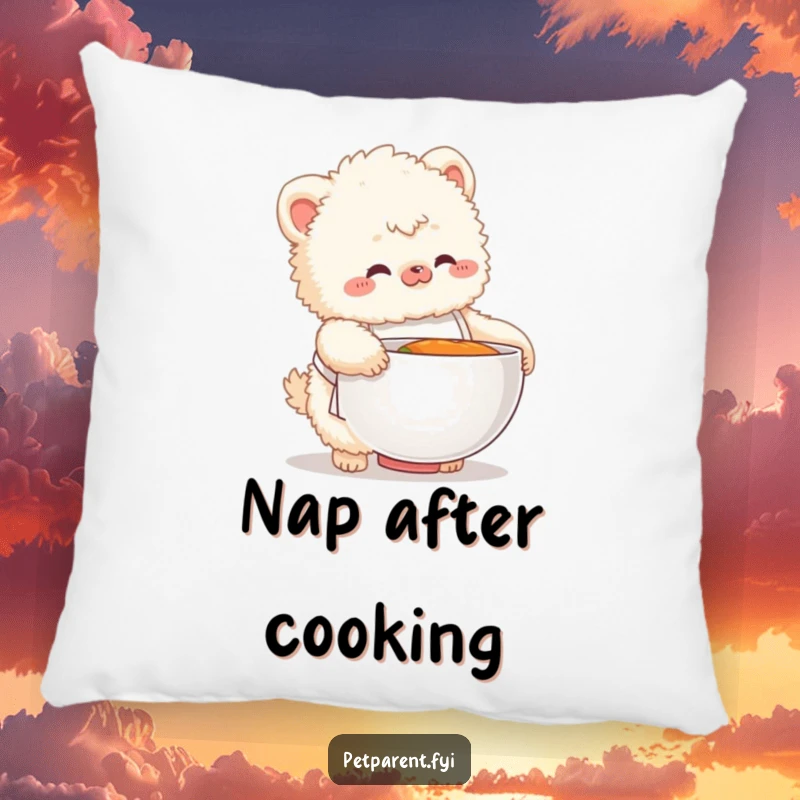 Funny pillow featuring a fluffy creature in a tiny apron fumbling with an oversized food bowl, symbolizing comic culinary ambition.
