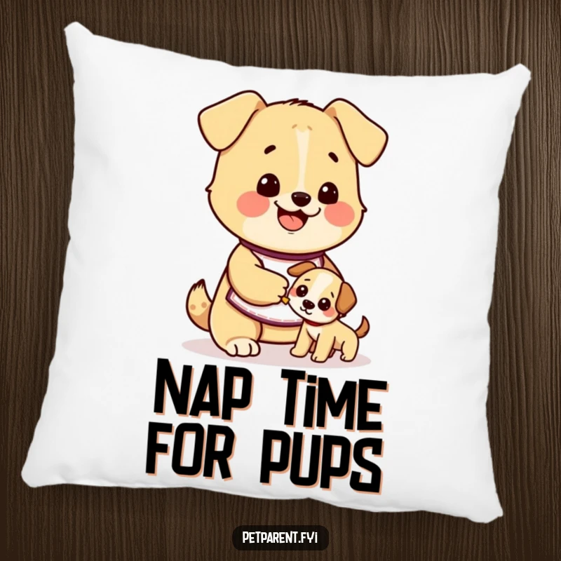 Funny dog pillow showing a cute character in an apron happily feeding a smaller puppy, offering soft comfort and heartwarming humor.