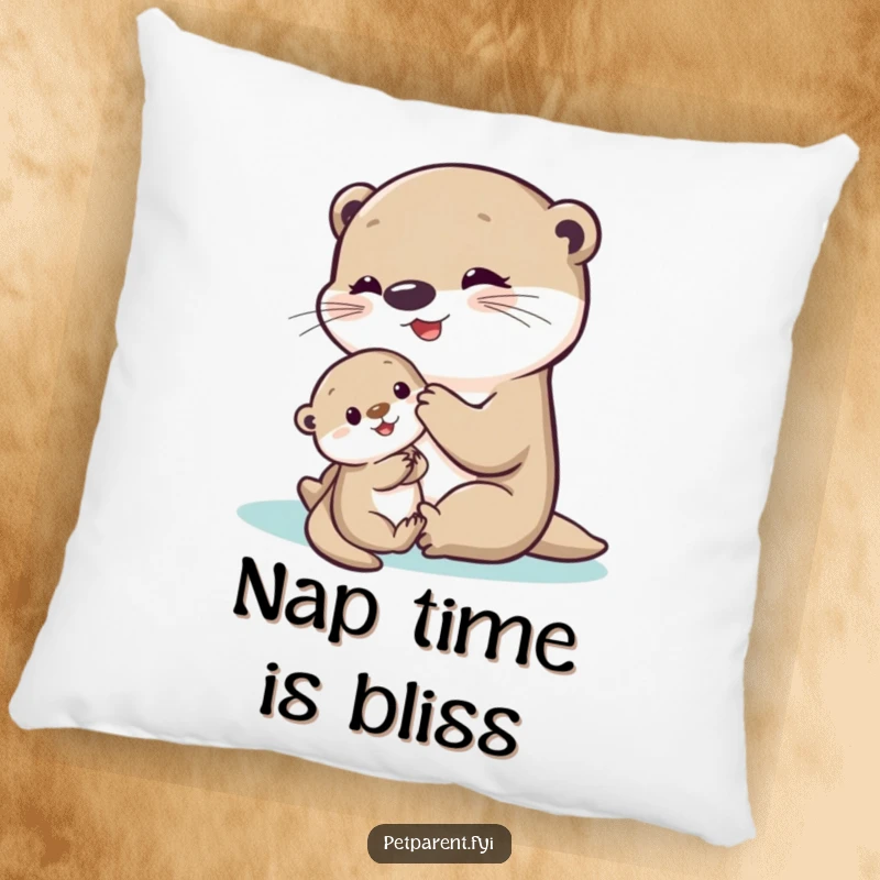 Funny Otter Pillow featuring a delighted otter playing with a shy baby otter, perfect for adding cute and humorous comfort to any room.
