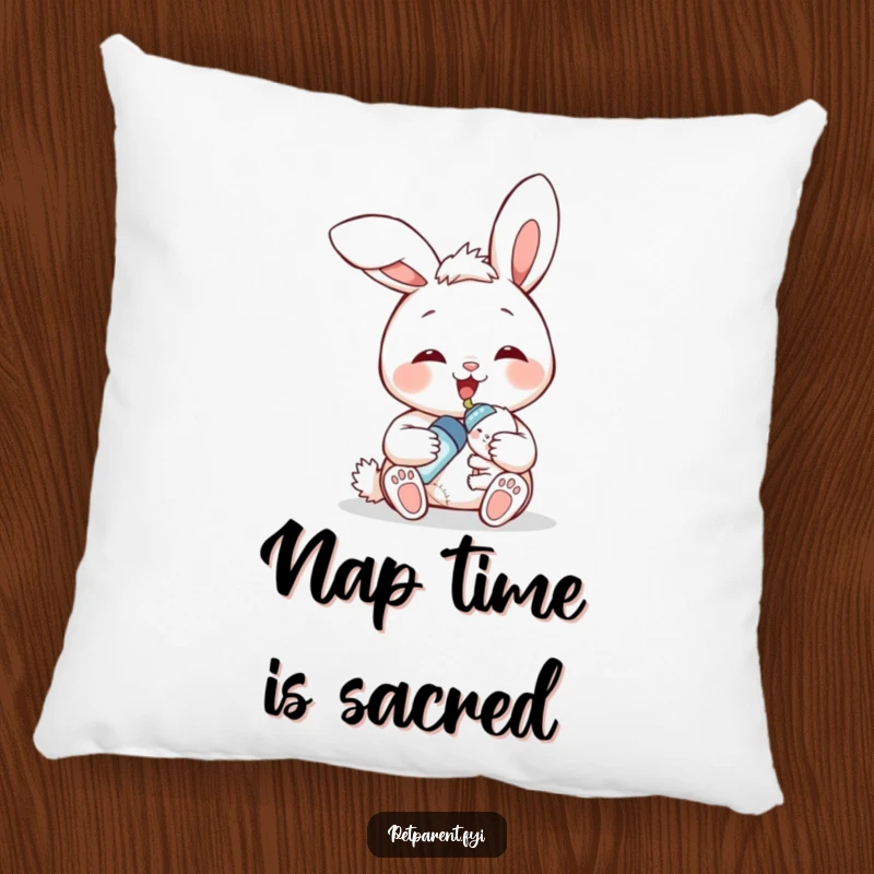 Funny bunny feeding pillow, smiling bunny character bottle-feeding a baby bunny, soft and humorous decor for any room.