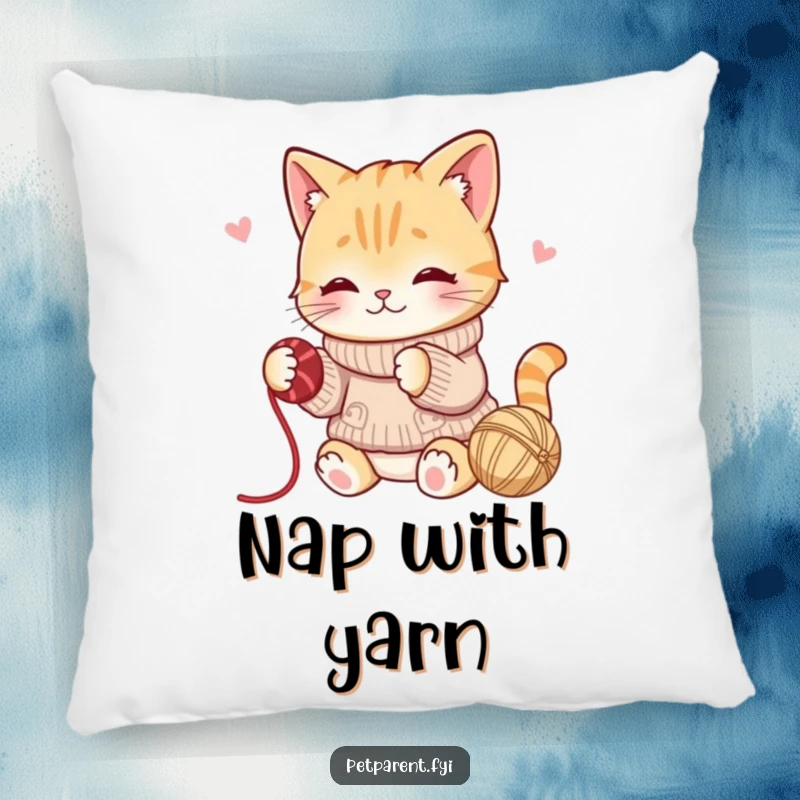 Funny pillow featuring a playful cat character in a sweater batting yarn, offering comfort and a touch of feline fun.