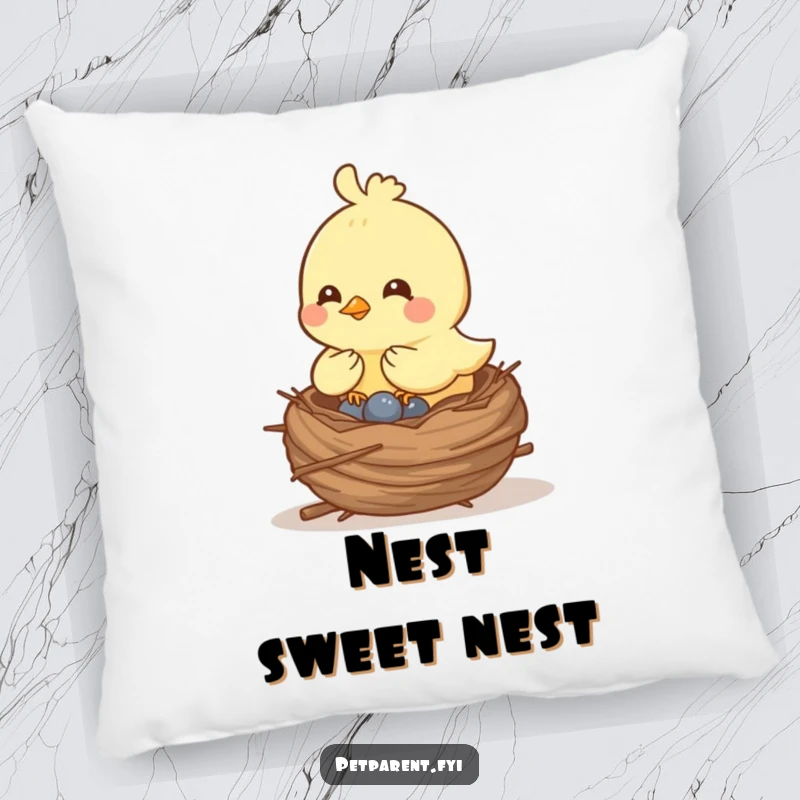 Funny cheerful bird character building a cozy nest on a soft pillow, offering humorous comfort and decorative appeal.