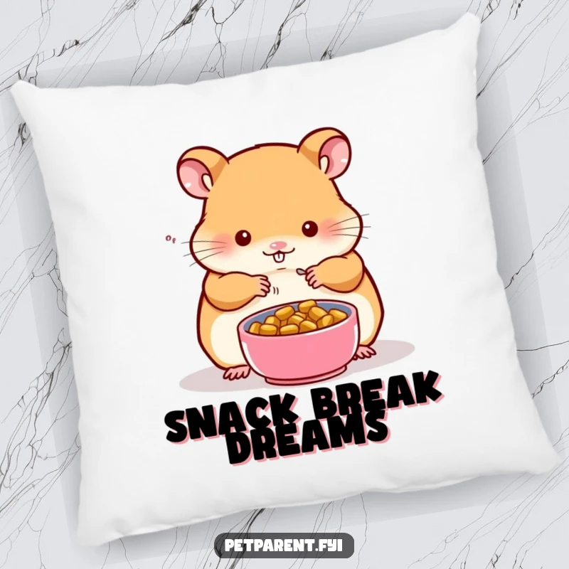 Funny throw pillow showing a hamster character preparing a tiny food bowl for a small companion, perfect for adding comfort.