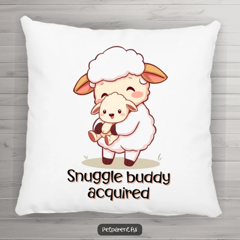 Cozy and funny accent pillow showcasing a loving sheep character carrying a tiny puppy, ideal for adding comfort and charm.